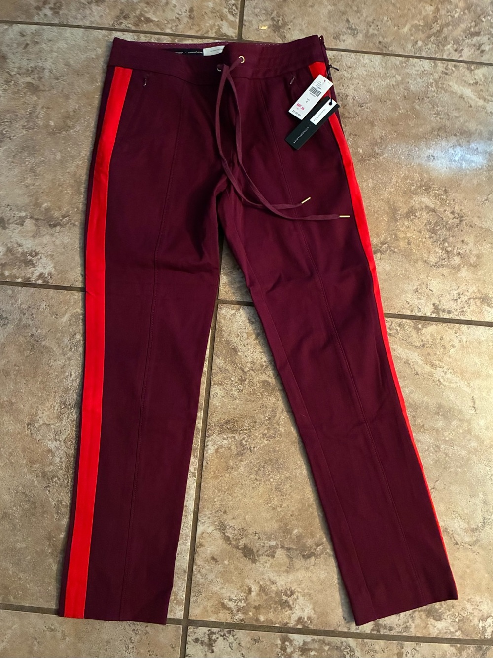 Anthropologie The Essential Slim Burgundy Side Stripe Pants NWT Size 4